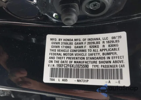 2020 Honda Civic Lx from USA, damaged, VIN 19XFC2F6XLE025590
